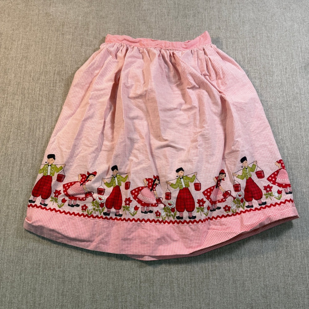 Vintage Pink Gingham Novelty Print Dutch Girl Boy Rickrack Border Skirt